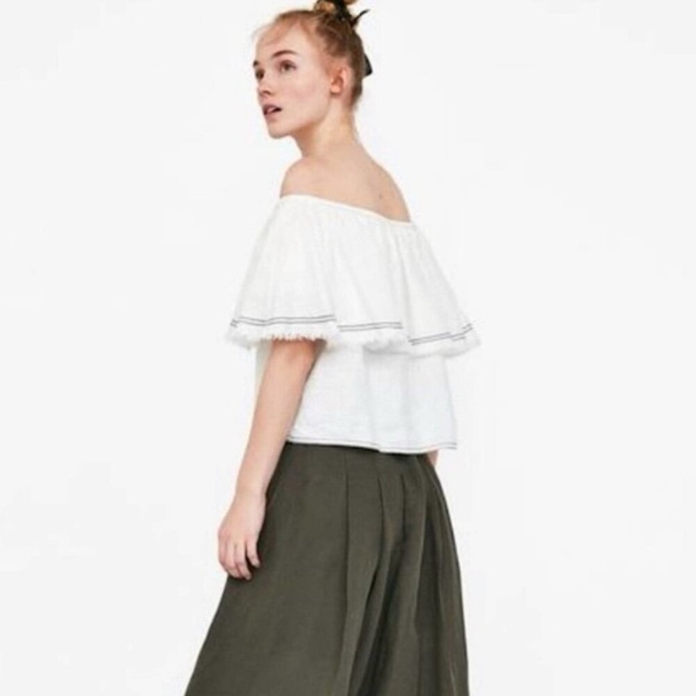 ZARA WOMAN 100% LINEN Top Ruffle Off Shoulder Crop PORTUGAL MADE Size SMALL